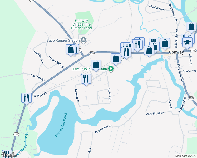 map of restaurants, bars, coffee shops, grocery stores, and more near 153 West Main Street in Conway