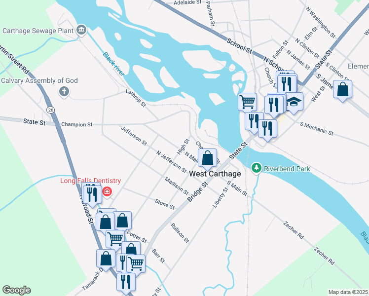 map of restaurants, bars, coffee shops, grocery stores, and more near 30 North Main Street in Carthage