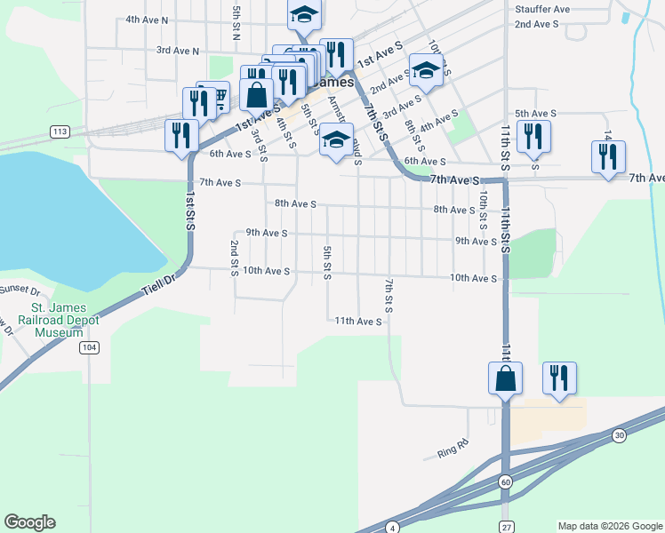 map of restaurants, bars, coffee shops, grocery stores, and more near 501 10th Avenue South in Saint James