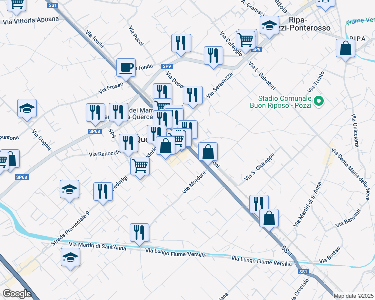 map of restaurants, bars, coffee shops, grocery stores, and more near 6 Piazza Giacomo Matteotti in Ripa-pozzi-querceta-ponterosso