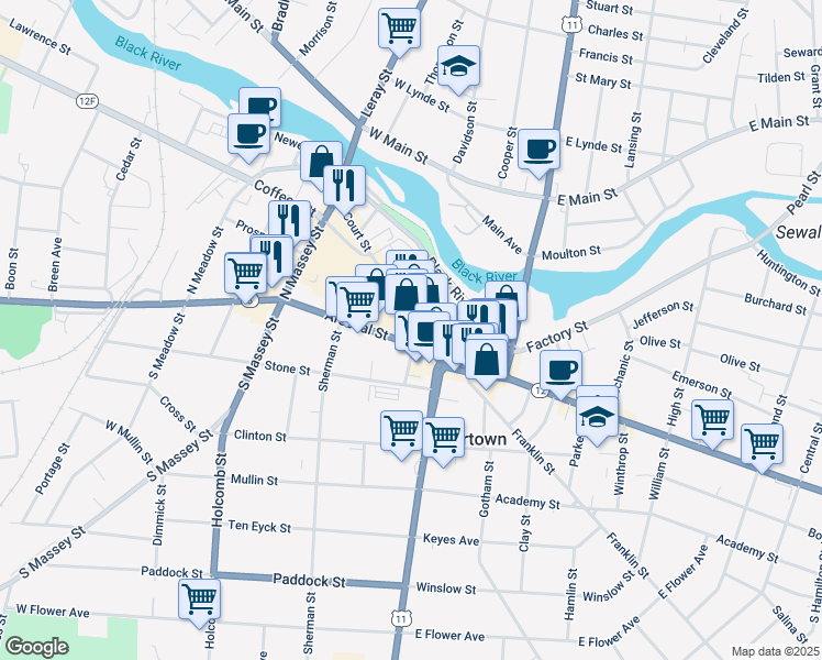 map of restaurants, bars, coffee shops, grocery stores, and more near 105 Court Street in Watertown