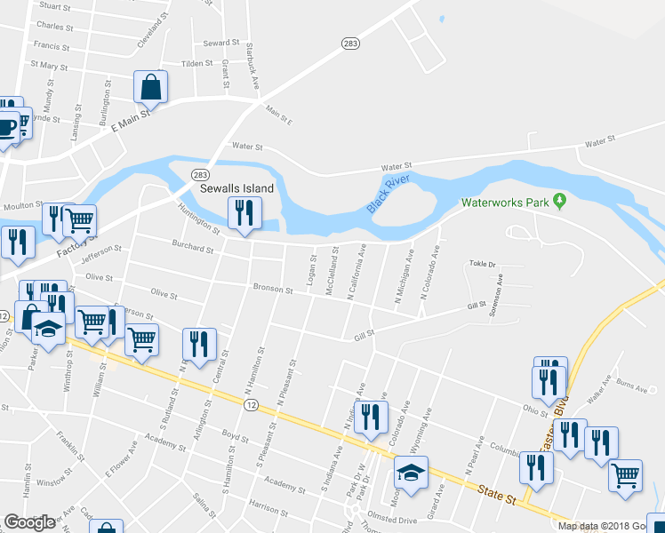 map of restaurants, bars, coffee shops, grocery stores, and more near 331 McClelland Street in Watertown