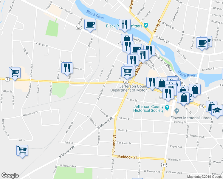map of restaurants, bars, coffee shops, grocery stores, and more near 122 Orchard Street South in Watertown