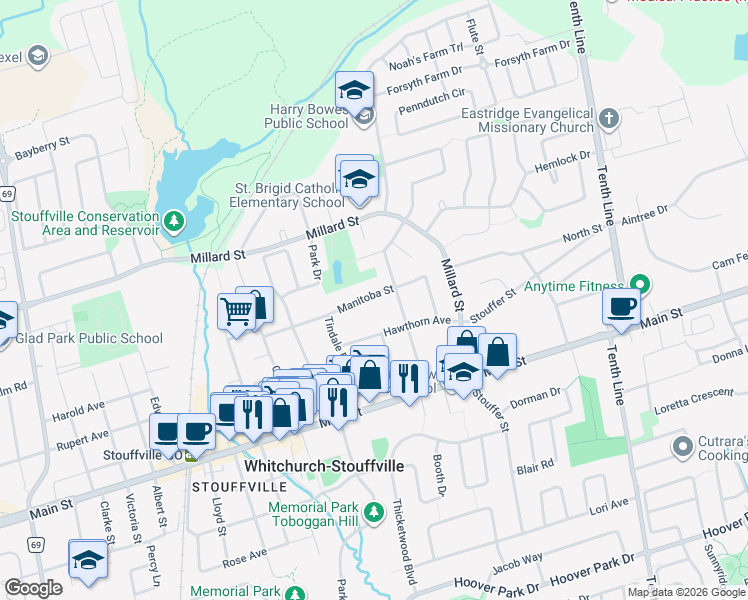 map of restaurants, bars, coffee shops, grocery stores, and more near 126 Manitoba Street in Whitchurch-Stouffville