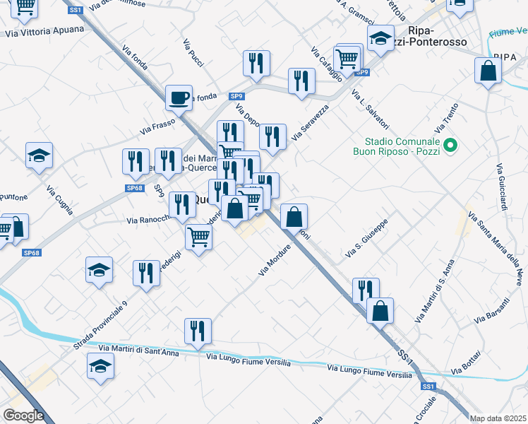 map of restaurants, bars, coffee shops, grocery stores, and more near 6 Piazza Giacomo Matteotti in Ripa-pozzi-querceta-ponterosso