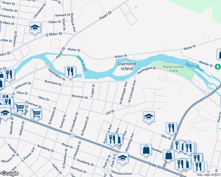 map of restaurants, bars, coffee shops, grocery stores, and more near 326 North California Avenue in Watertown
