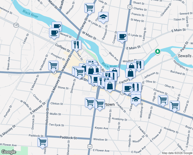 map of restaurants, bars, coffee shops, grocery stores, and more near in Watertown