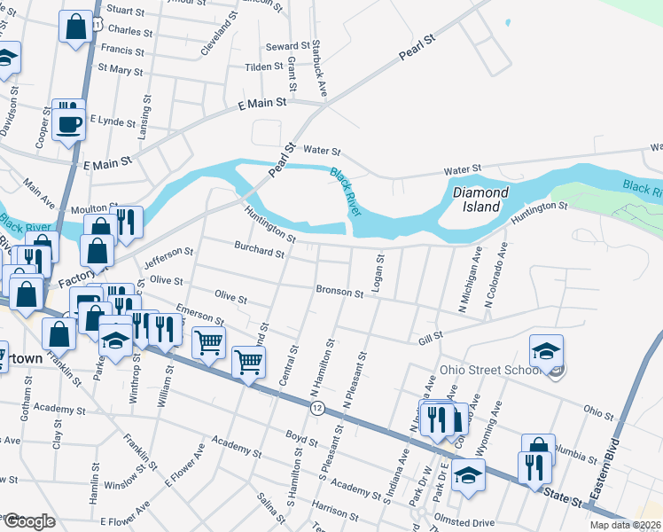 map of restaurants, bars, coffee shops, grocery stores, and more near 926 Remington Street in Watertown