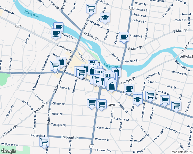 map of restaurants, bars, coffee shops, grocery stores, and more near 105 Court Street in Watertown