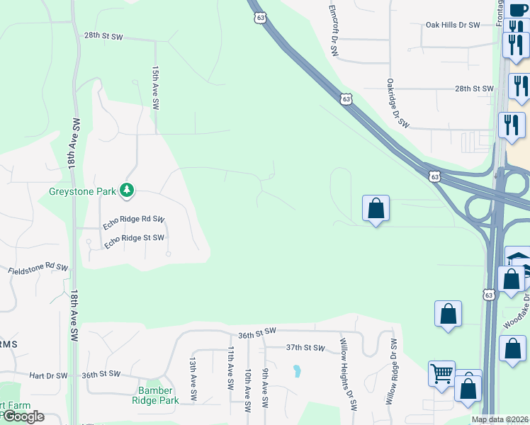 map of restaurants, bars, coffee shops, grocery stores, and more near 3168 Frankel Lane Southwest in Rochester