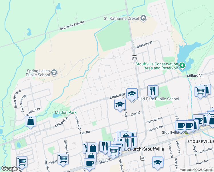 map of restaurants, bars, coffee shops, grocery stores, and more near 147 John Davis Gate in Whitchurch-Stouffville