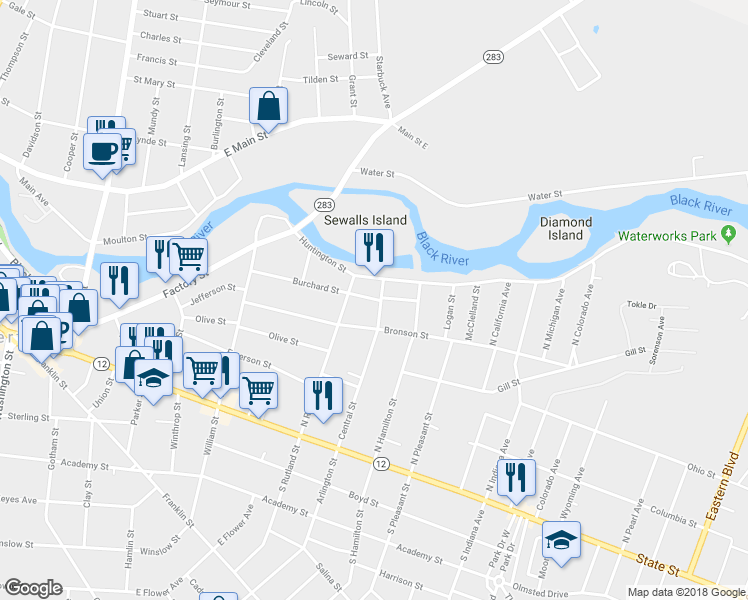 map of restaurants, bars, coffee shops, grocery stores, and more near 810 Burchard Street in Watertown