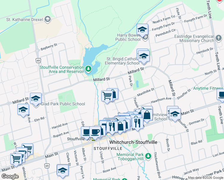 map of restaurants, bars, coffee shops, grocery stores, and more near 161 Church Street North in Whitchurch-Stouffville