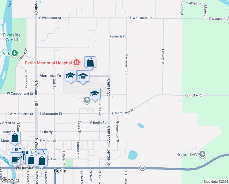map of restaurants, bars, coffee shops, grocery stores, and more near 334 Center Street in Berlin