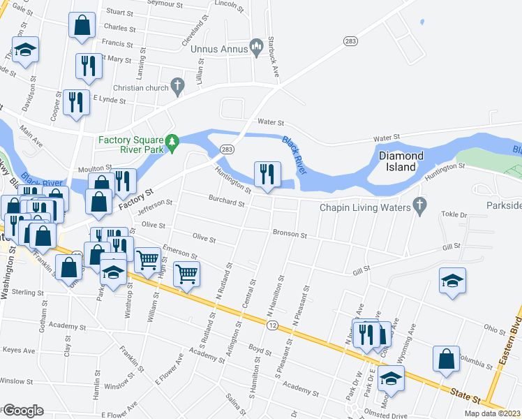 map of restaurants, bars, coffee shops, grocery stores, and more near 806 Burchard Street in Watertown
