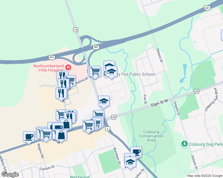map of restaurants, bars, coffee shops, grocery stores, and more near 1004 Fraser Court in Cobourg