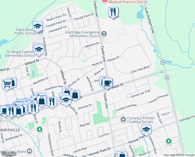 map of restaurants, bars, coffee shops, grocery stores, and more near 351 South Street in Whitchurch-Stouffville
