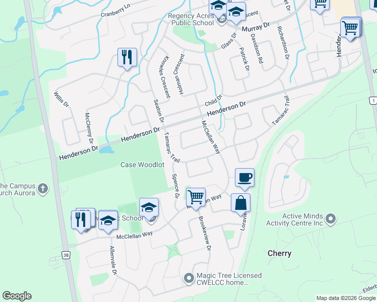 map of restaurants, bars, coffee shops, grocery stores, and more near 48 Haskell Crescent in Aurora