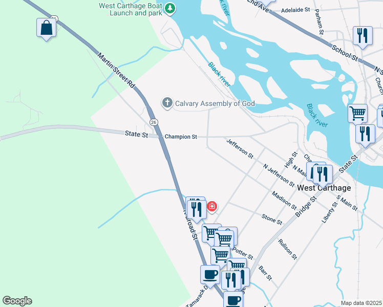 map of restaurants, bars, coffee shops, grocery stores, and more near 38 North Broad Street in Carthage