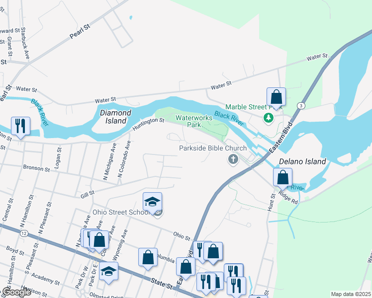 map of restaurants, bars, coffee shops, grocery stores, and more near 1620 Huntington Street in Watertown