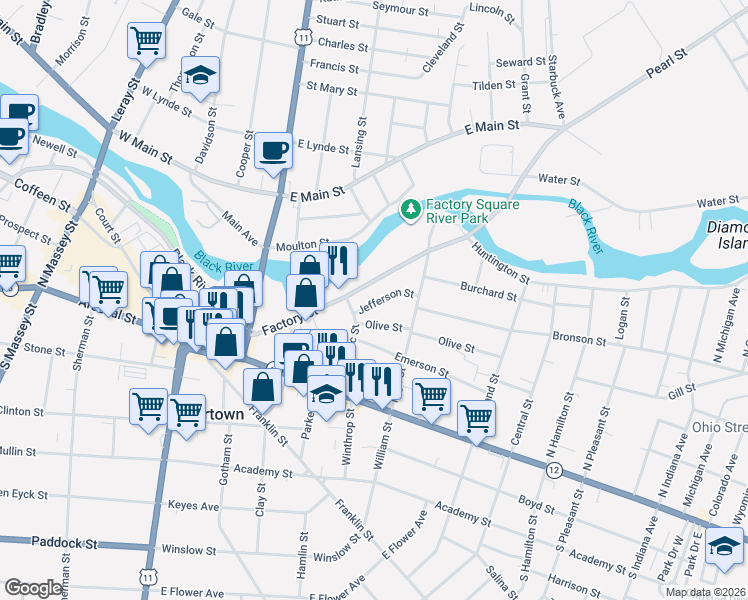 map of restaurants, bars, coffee shops, grocery stores, and more near 234 Mechanic Street in Watertown