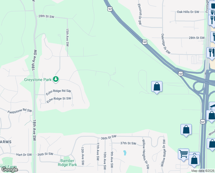 map of restaurants, bars, coffee shops, grocery stores, and more near 3153 Frankel Lane Southwest in Rochester