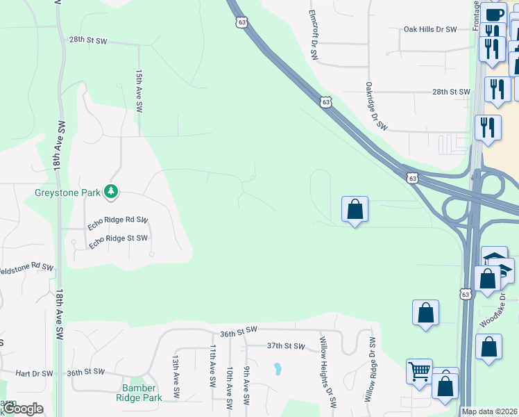map of restaurants, bars, coffee shops, grocery stores, and more near 3168 Frankel Lane Southwest in Rochester