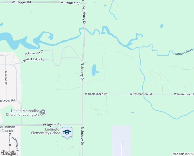 map of restaurants, bars, coffee shops, grocery stores, and more near 1182 North Hillside Drive in Ludington
