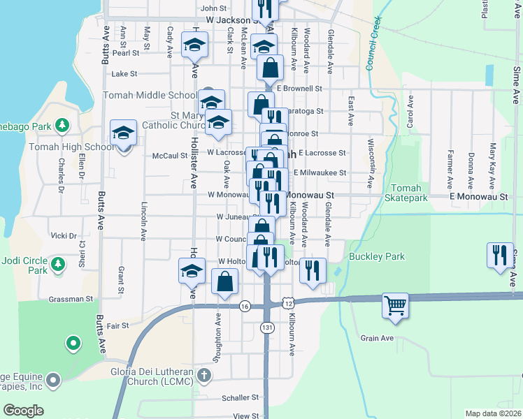 map of restaurants, bars, coffee shops, grocery stores, and more near 112 East Juneau Street in Tomah