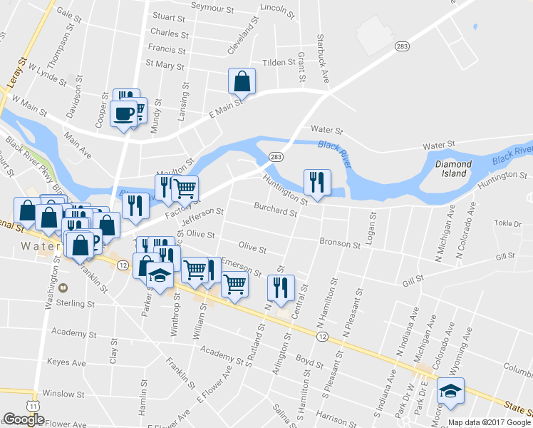 map of restaurants, bars, coffee shops, grocery stores, and more near 646 Burchard Street in Watertown