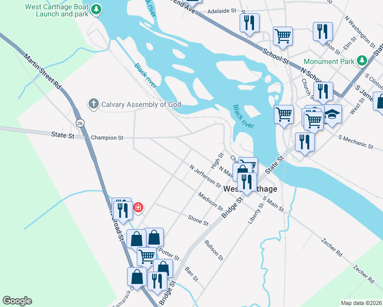 map of restaurants, bars, coffee shops, grocery stores, and more near 1 Franklin Street in Carthage