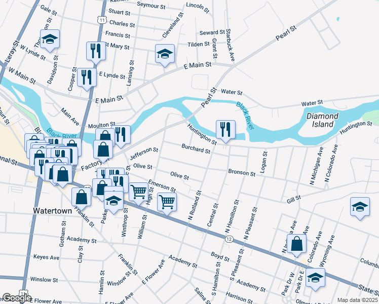 map of restaurants, bars, coffee shops, grocery stores, and more near 644 Bronson Street in Watertown