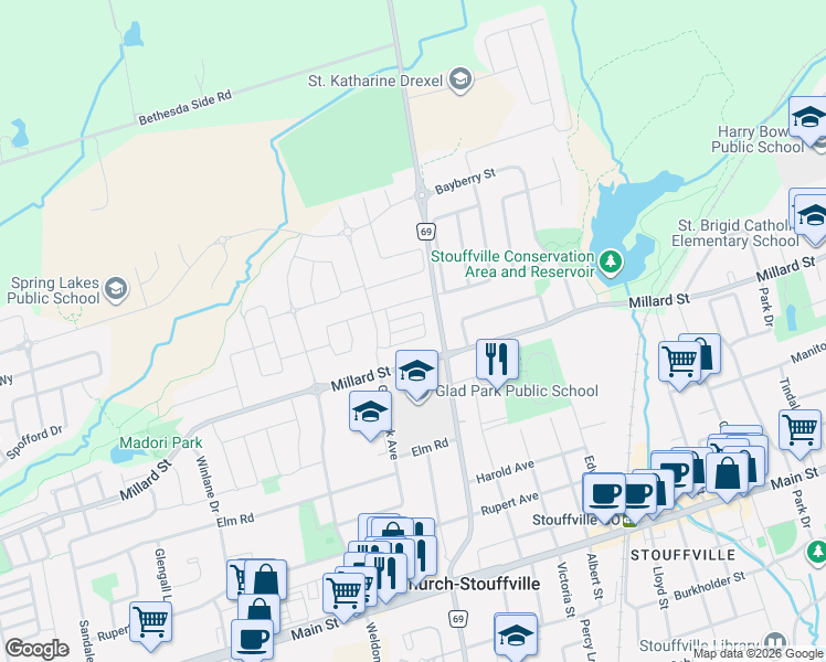 map of restaurants, bars, coffee shops, grocery stores, and more near 38 Arborea Lane in Whitchurch-Stouffville
