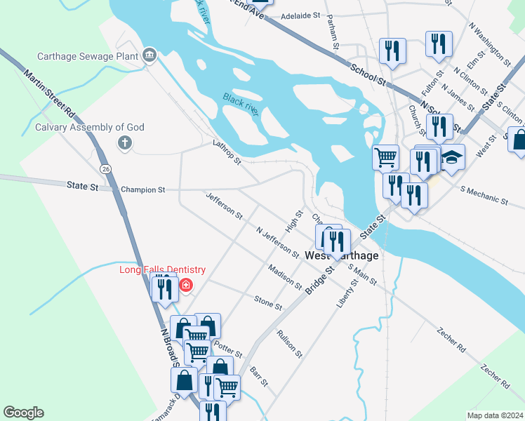 map of restaurants, bars, coffee shops, grocery stores, and more near 26 North Jefferson Street in Carthage