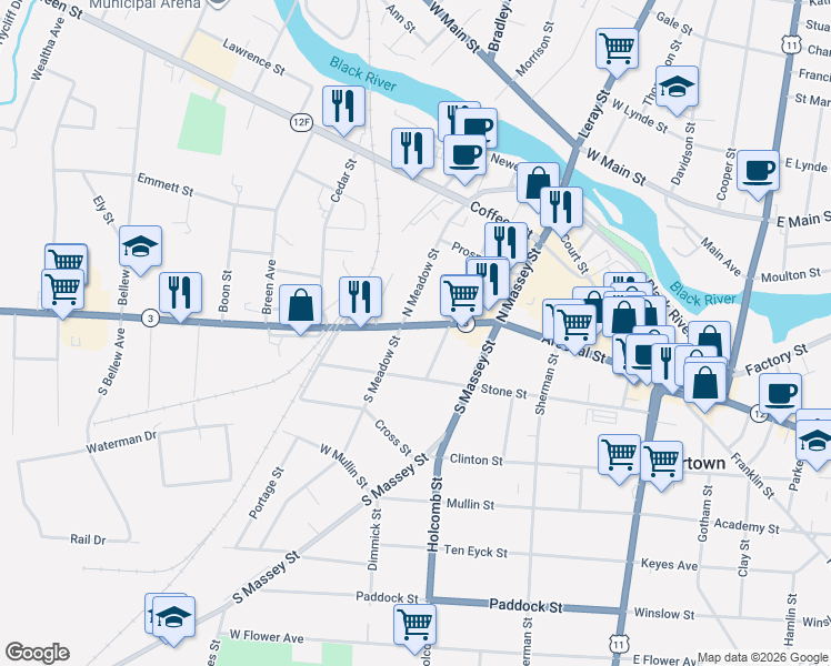 map of restaurants, bars, coffee shops, grocery stores, and more near 437 Arsenal Street in Watertown