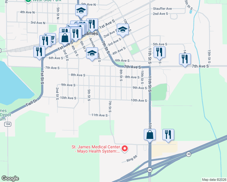 map of restaurants, bars, coffee shops, grocery stores, and more near 708 10th Avenue South in Saint James