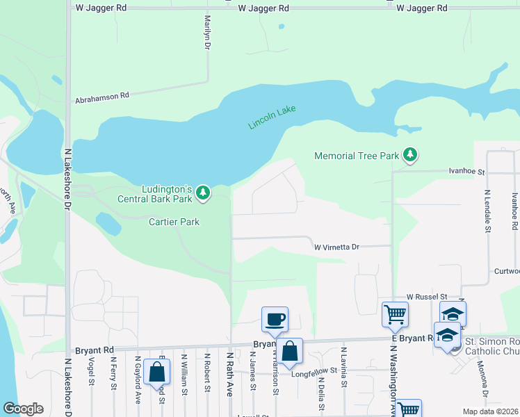 map of restaurants, bars, coffee shops, grocery stores, and more near 6765 Ann Street in Ludington