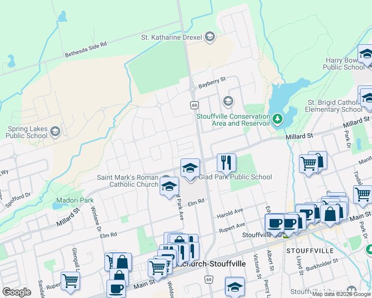map of restaurants, bars, coffee shops, grocery stores, and more near 30 Arborea Lane in Whitchurch-Stouffville
