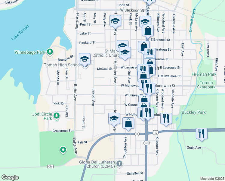 map of restaurants, bars, coffee shops, grocery stores, and more near 415 West Monowau Street in Tomah