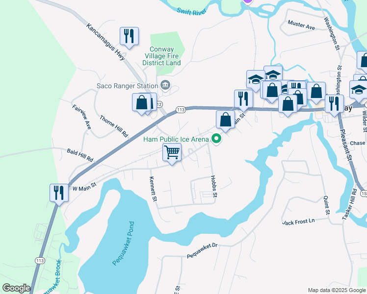 map of restaurants, bars, coffee shops, grocery stores, and more near 55 North Road in Conway