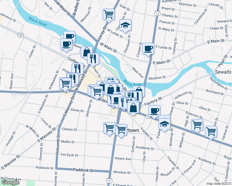 map of restaurants, bars, coffee shops, grocery stores, and more near 210 Court Street in Watertown