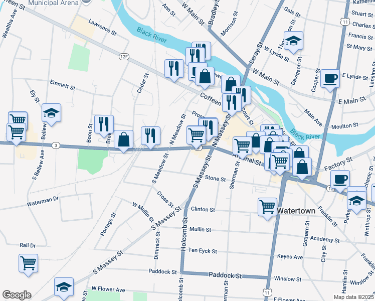 map of restaurants, bars, coffee shops, grocery stores, and more near 418 Arsenal Street in Watertown