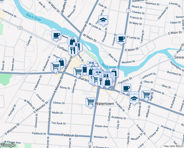 map of restaurants, bars, coffee shops, grocery stores, and more near 170 Court Street in Watertown