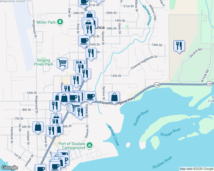 map of restaurants, bars, coffee shops, grocery stores, and more near 2046 12th Street in Florence