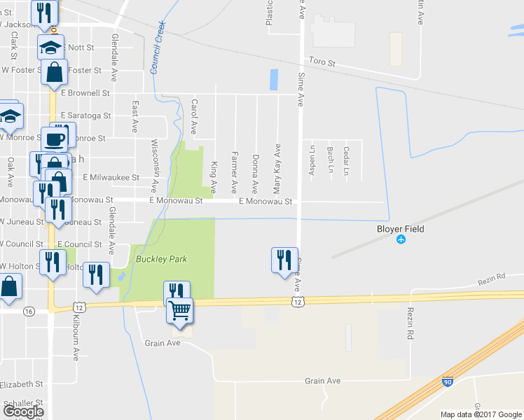 map of restaurants, bars, coffee shops, grocery stores, and more near 1013 East Monowau Street in Tomah