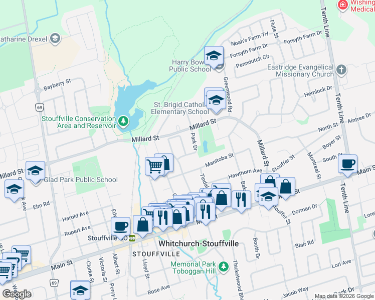 map of restaurants, bars, coffee shops, grocery stores, and more near 160 Park Drive in Whitchurch-Stouffville