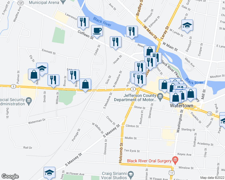 map of restaurants, bars, coffee shops, grocery stores, and more near Arsenal Street & Meadow Street South in Watertown