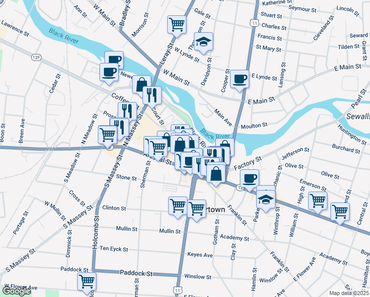 map of restaurants, bars, coffee shops, grocery stores, and more near 210 Court Street in Watertown