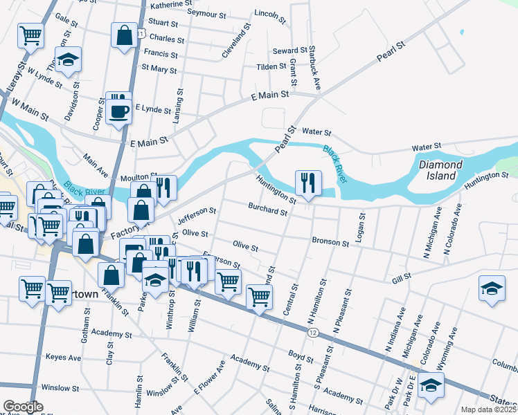 map of restaurants, bars, coffee shops, grocery stores, and more near 648 Burchard Street in Watertown
