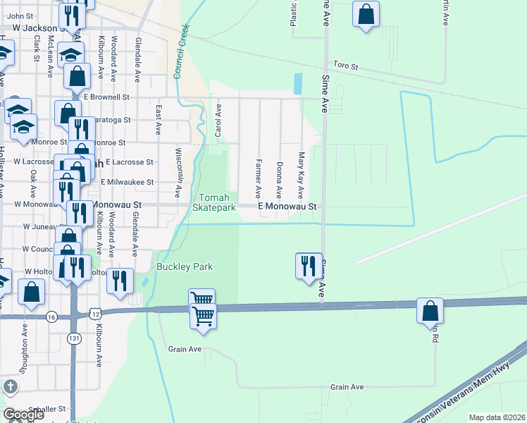map of restaurants, bars, coffee shops, grocery stores, and more near 1019 Farmer Avenue in Tomah